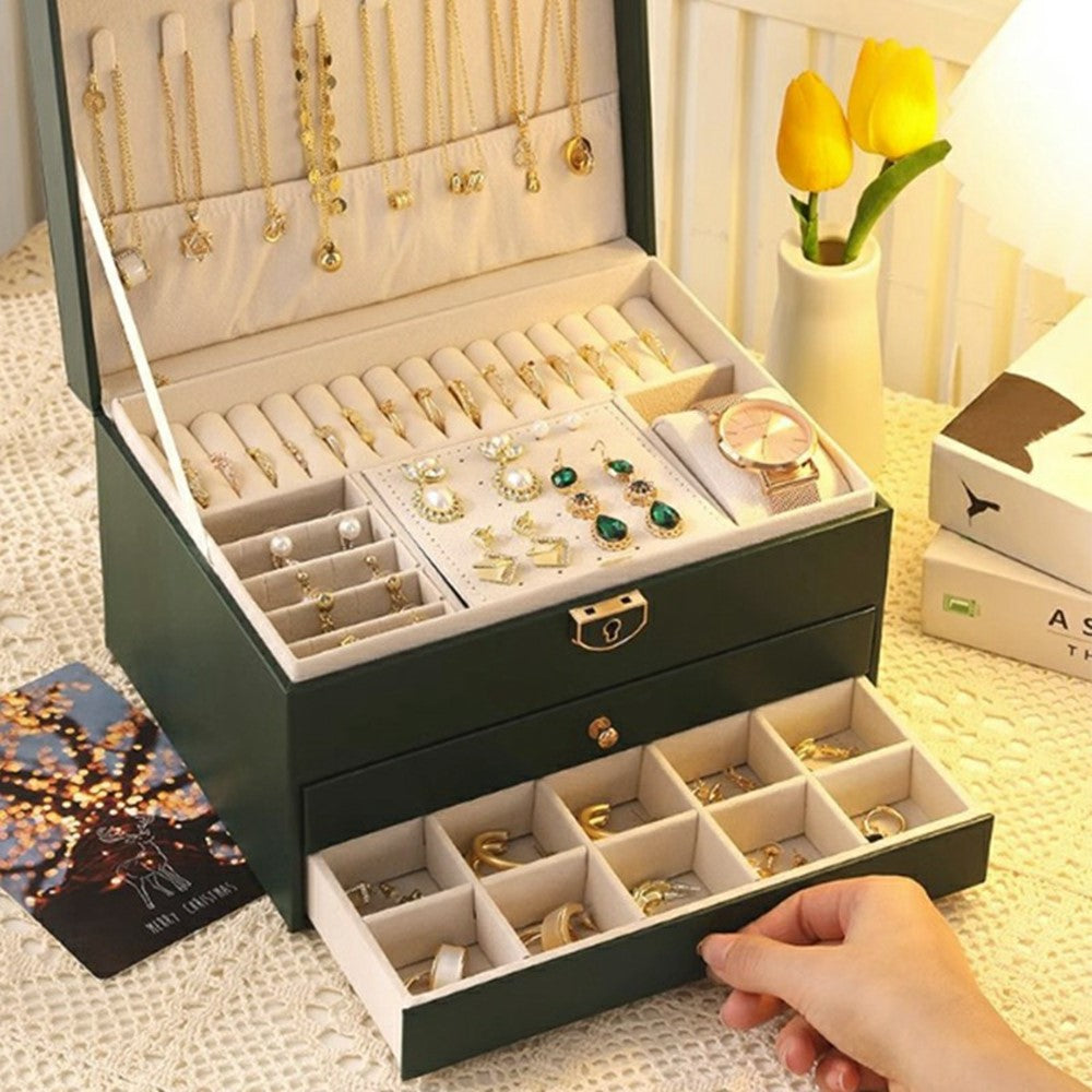 Smyckesbox – 3 lådor PU-läder för ringar, halsband och klockor