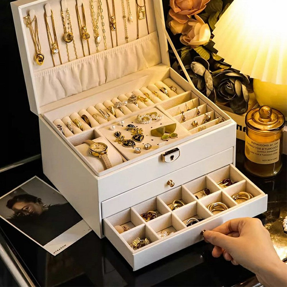 Smyckesbox – 3 lådor PU-läder för ringar, halsband och klockor