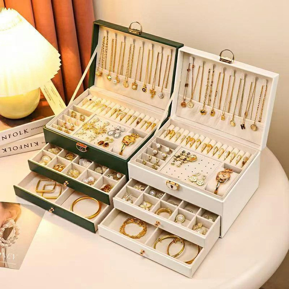 Smyckesbox – 3 lådor PU-läder för ringar, halsband och klockor