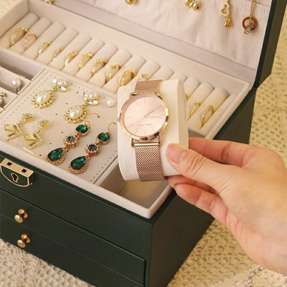 Smyckesbox – 3 lådor PU-läder för ringar, halsband och klockor
