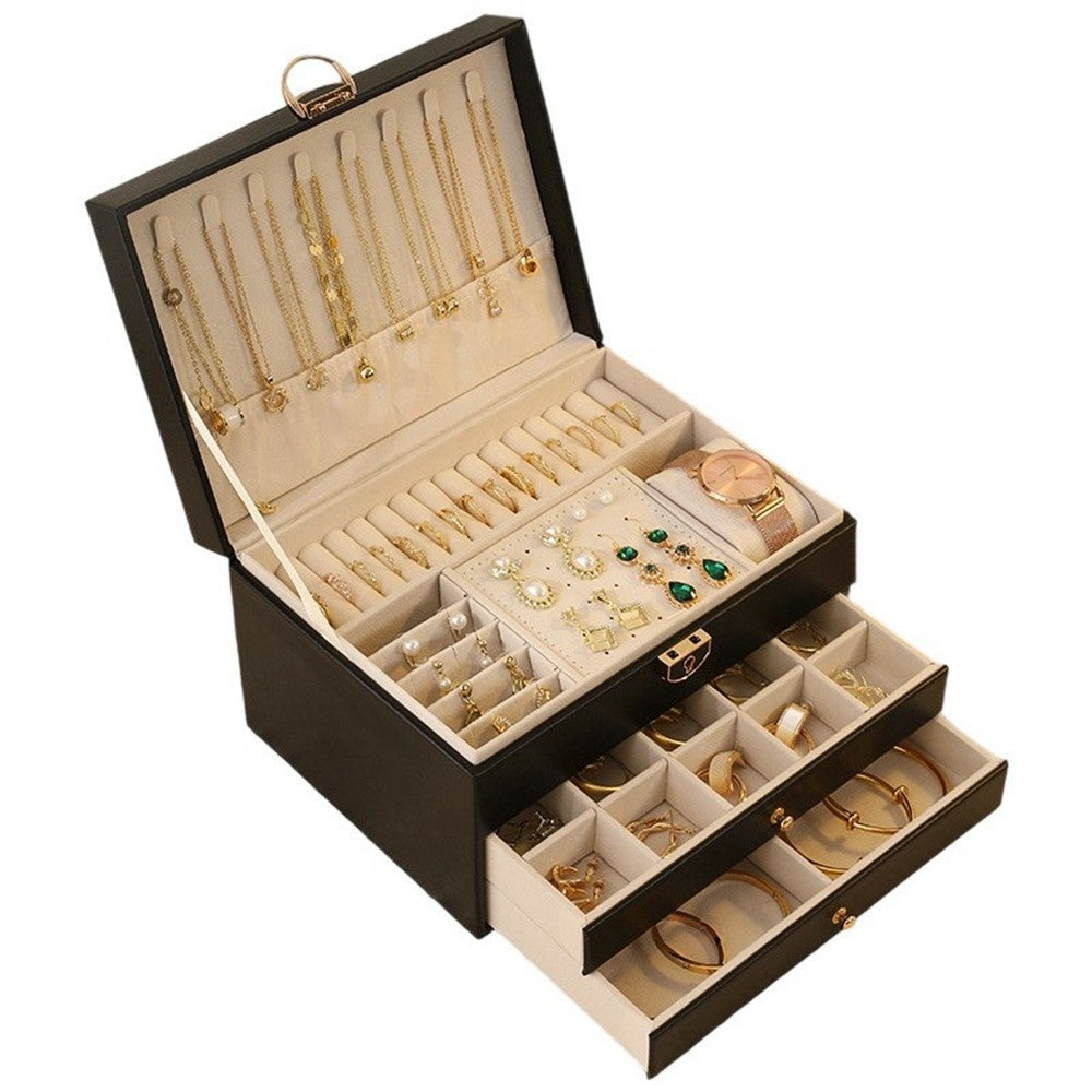 Smyckesbox – 3 lådor PU-läder för ringar, halsband och klockor