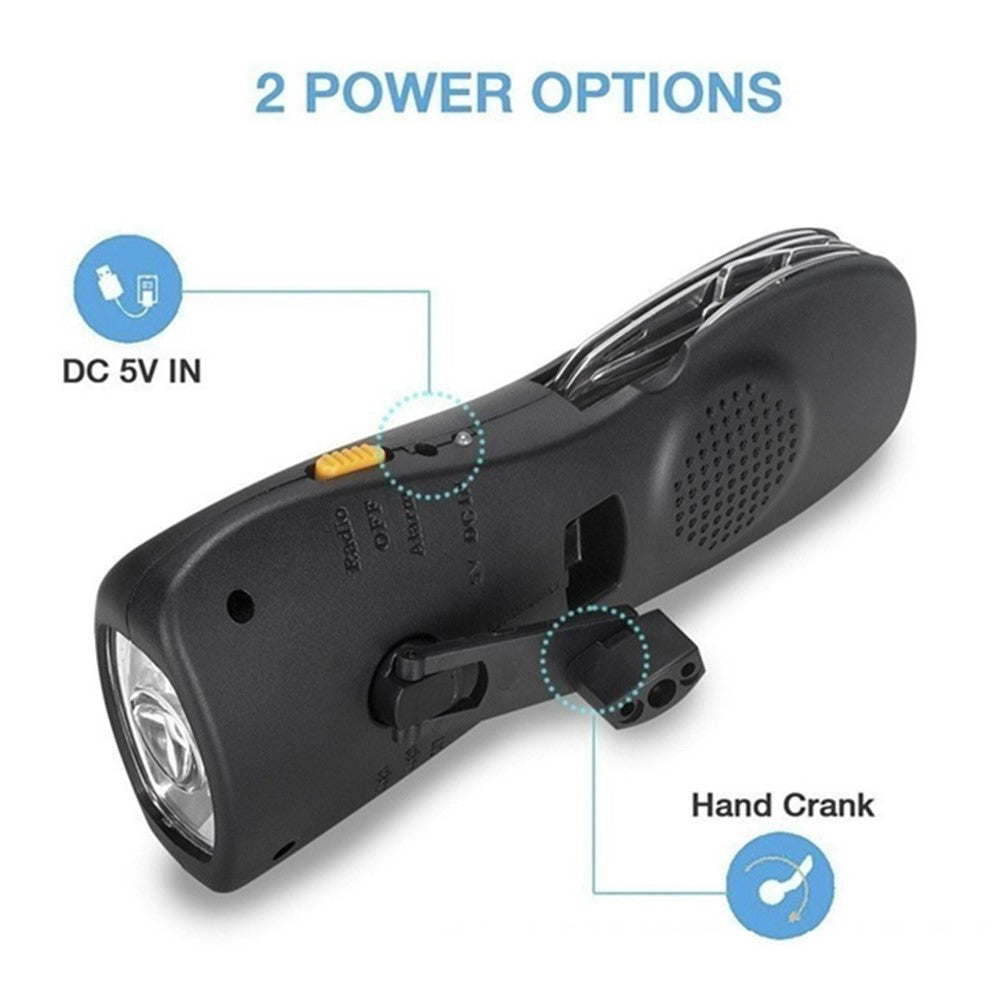 Handvevad ficklampa – med FM-radio och powerbank för nödsituationer